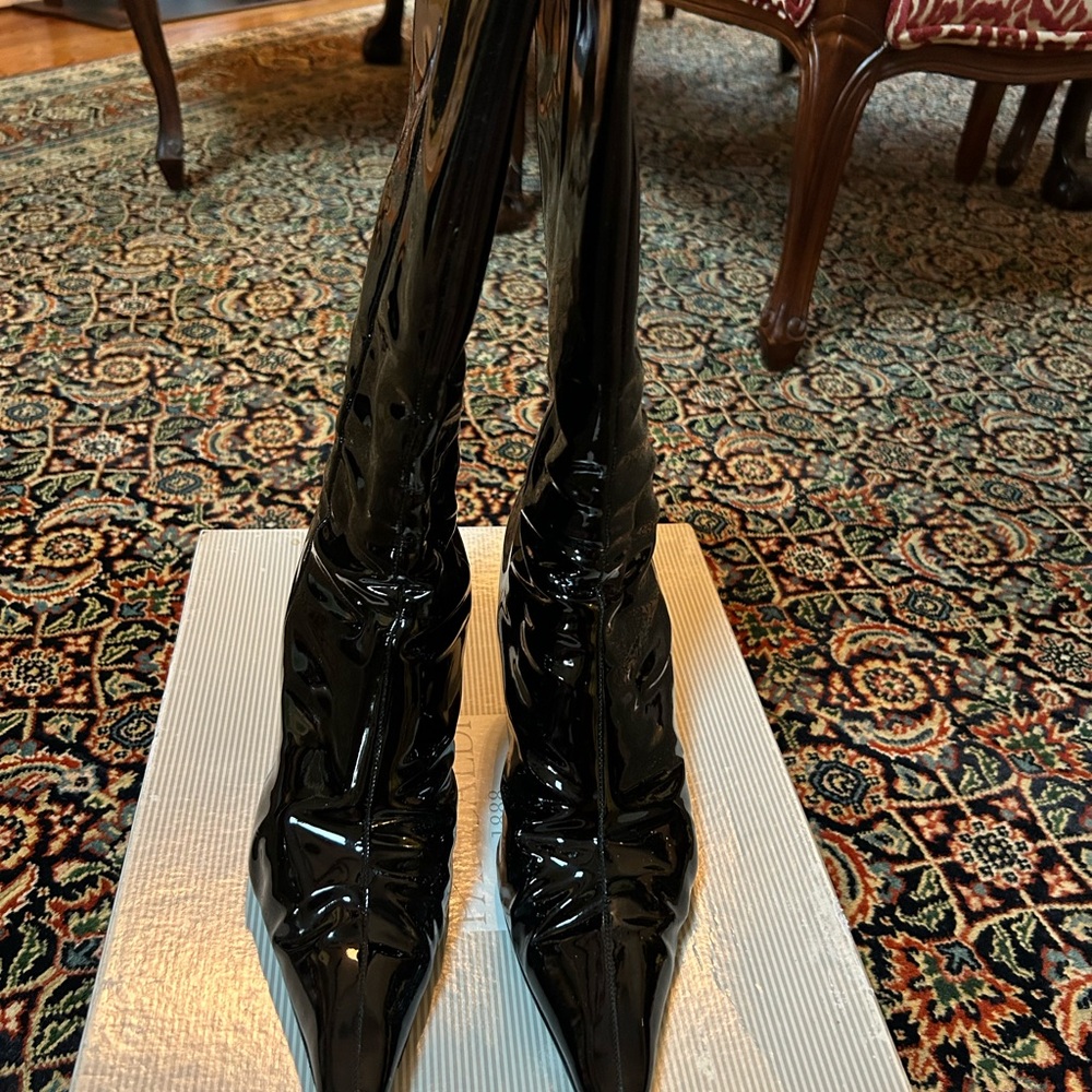 Pancaldi Italy Vintage Y2K Black Patent Leather Mid-Calf 3” heel boots